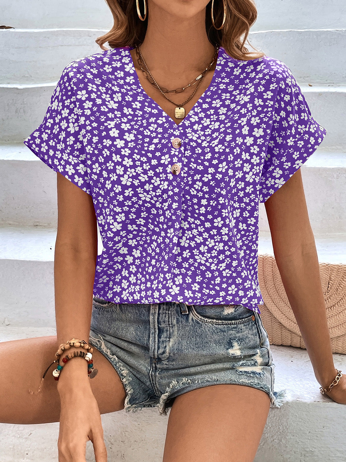 Karina Printed V-Neck Short Sleeve Blouse