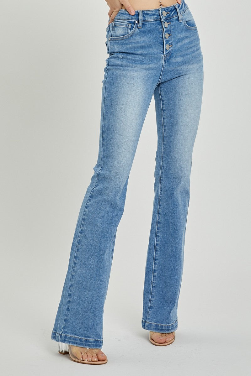 Avery High Rise Button Fly Bootcut Jeans by RISEN