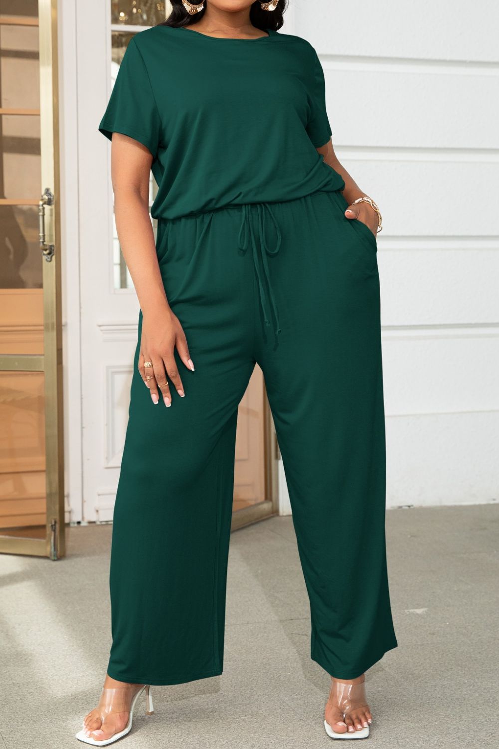 Emma Plus Size Drawstring Waist Short Sleeve Jumpsuit