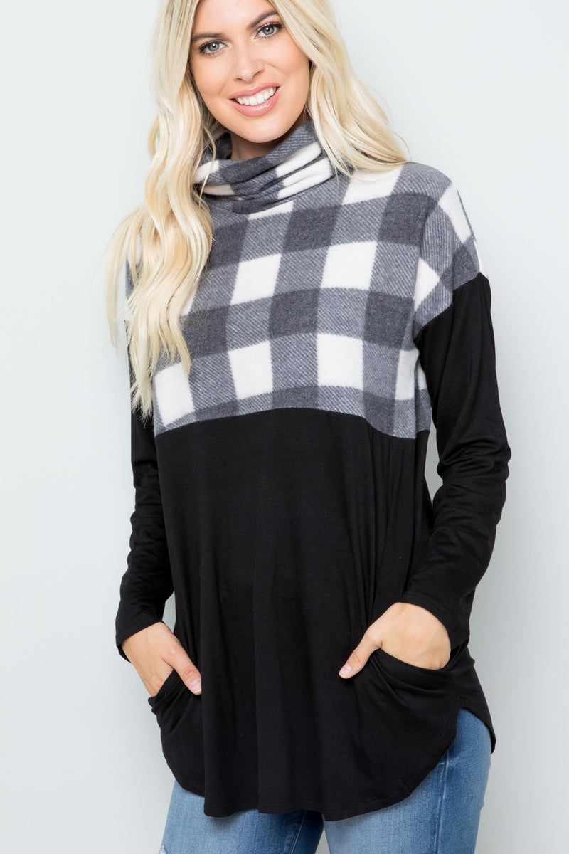 Larissa Pocketed Plaid Turtleneck Top