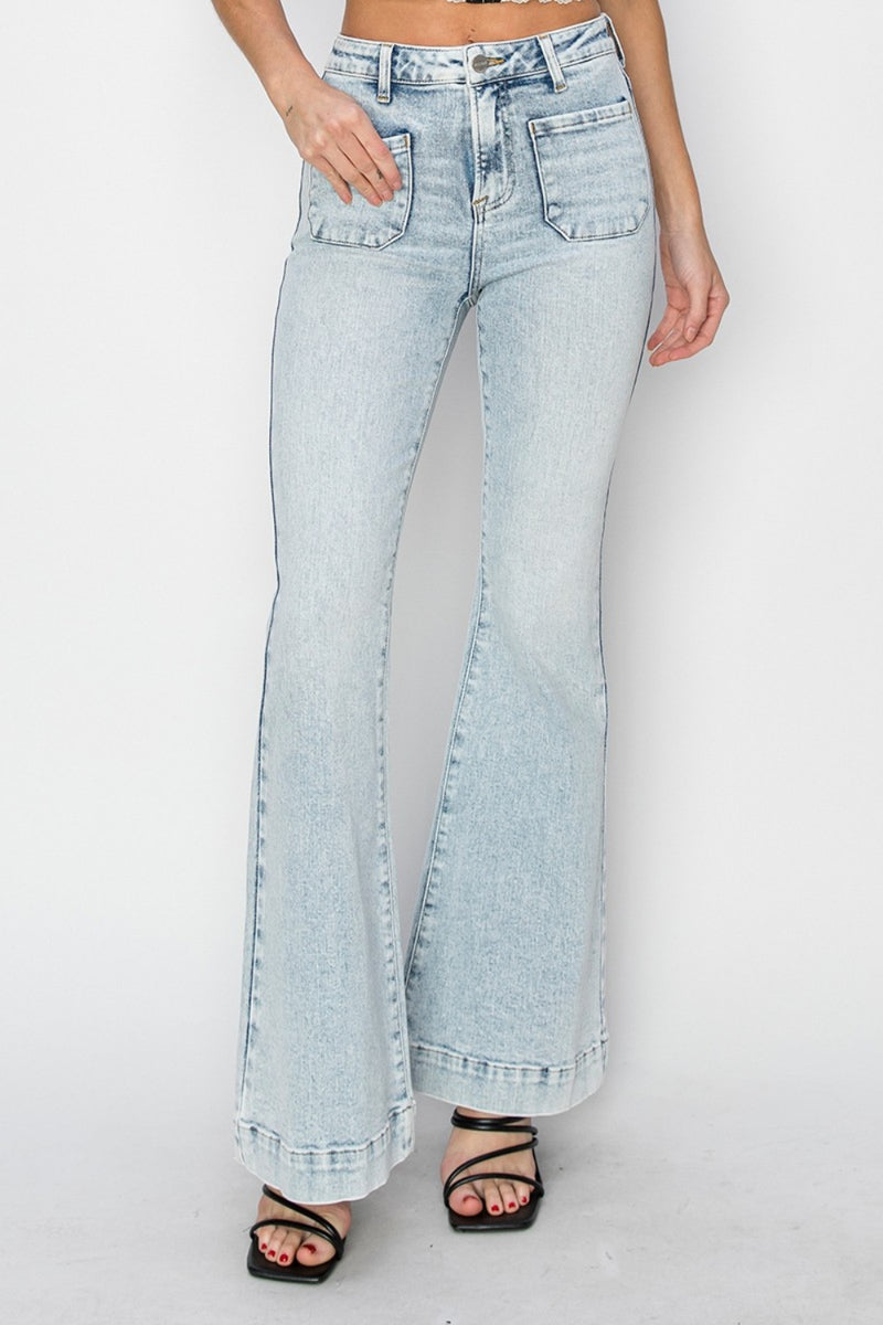 Mariah RISEN High Rise Front Patch Pocket Flare Jeans