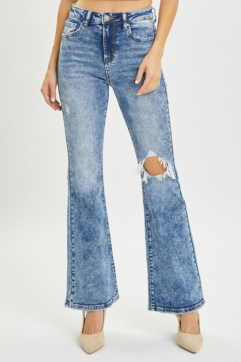 RISEN High Rise Distressed Flare Jeans