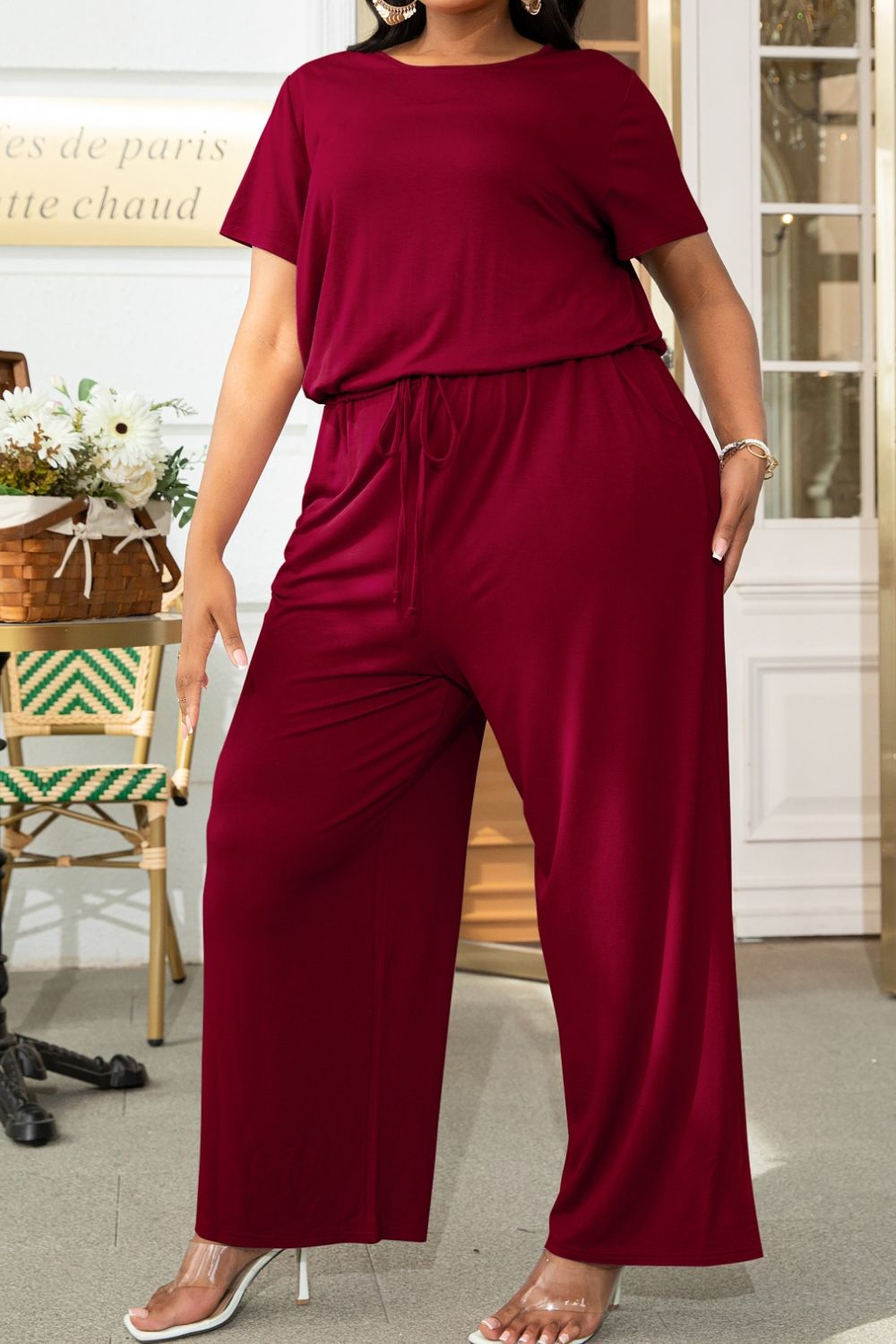 Emma Plus Size Drawstring Waist Short Sleeve Jumpsuit