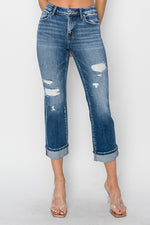 Mirabelle Cuffed Ankle Distressed Straight Jeans by RISEN