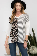 Leopard and Striped Print V-Neck T-Shirt