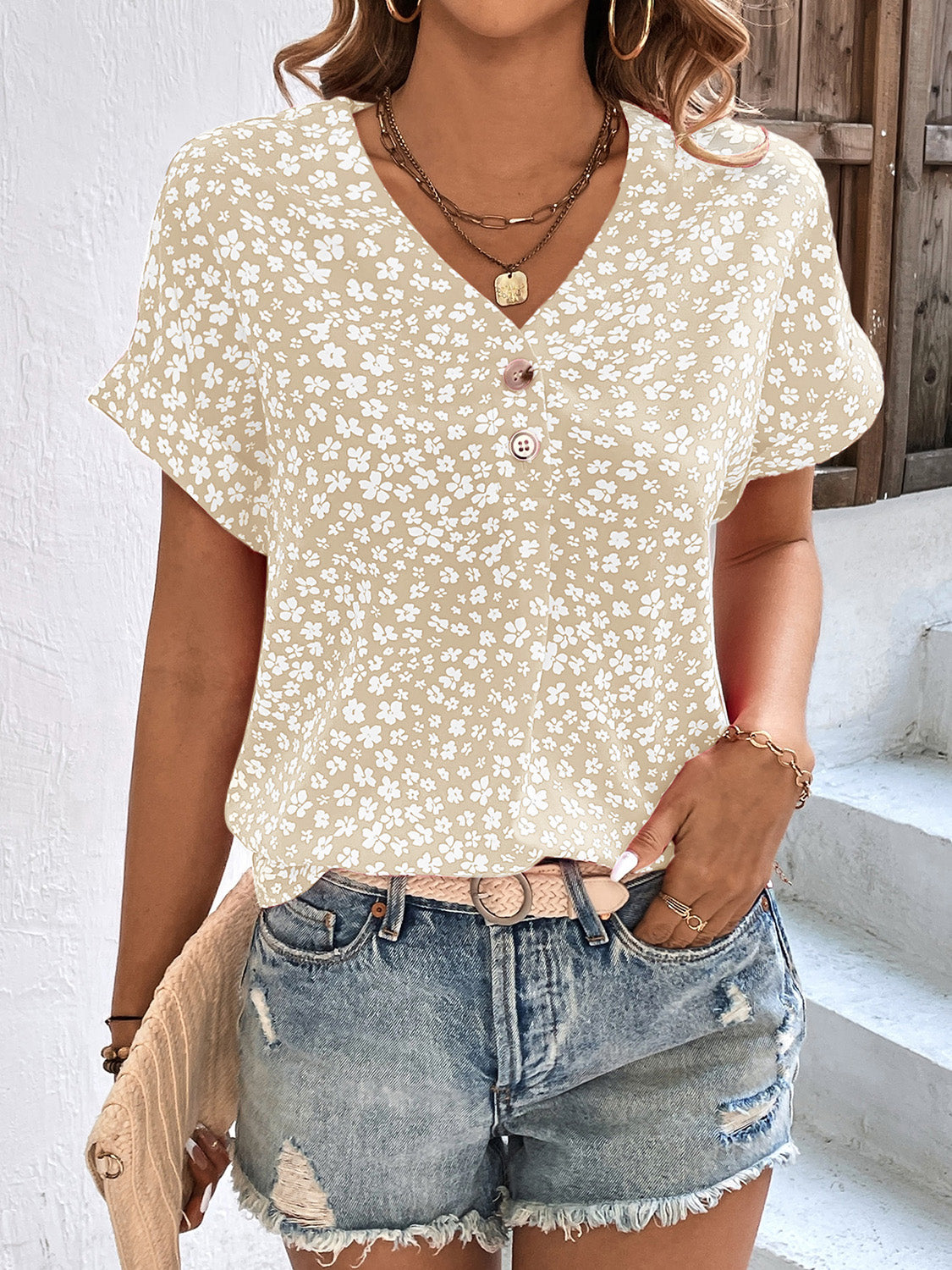 Karina Printed V-Neck Short Sleeve Blouse