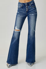 Jennifer RISEN Distressed Button-Fly Flare Jeans