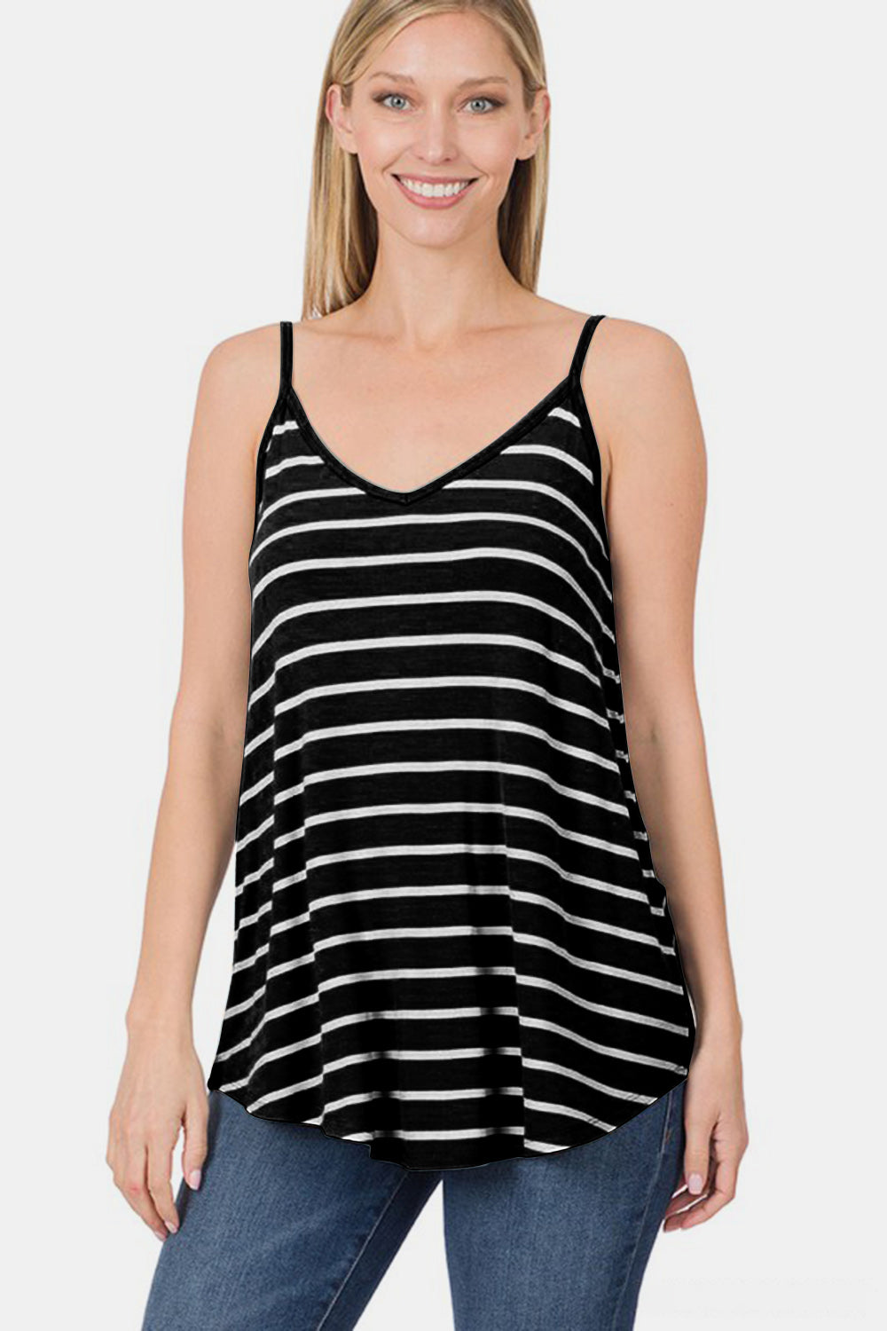 Striped V-Neck Curved Hem Cami