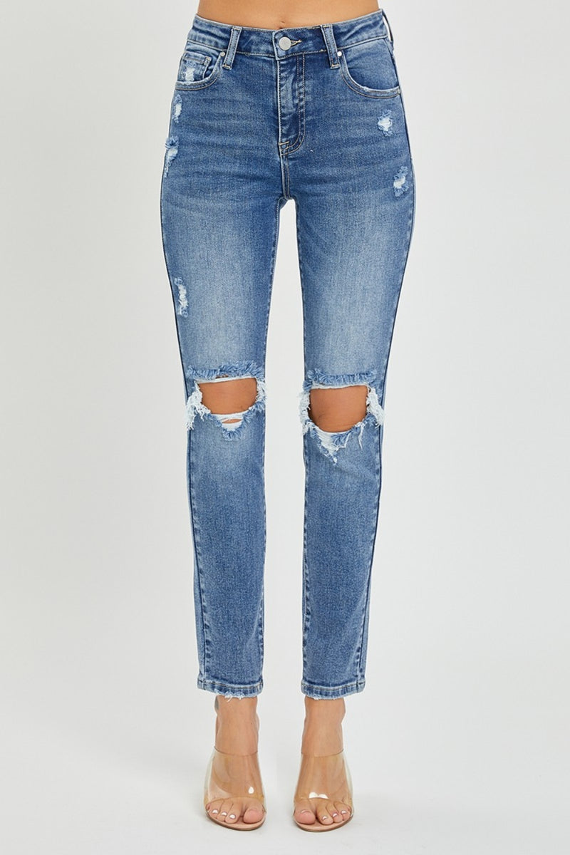 Braylee RISEN High Rise Knee Distressed Skinny Jeans