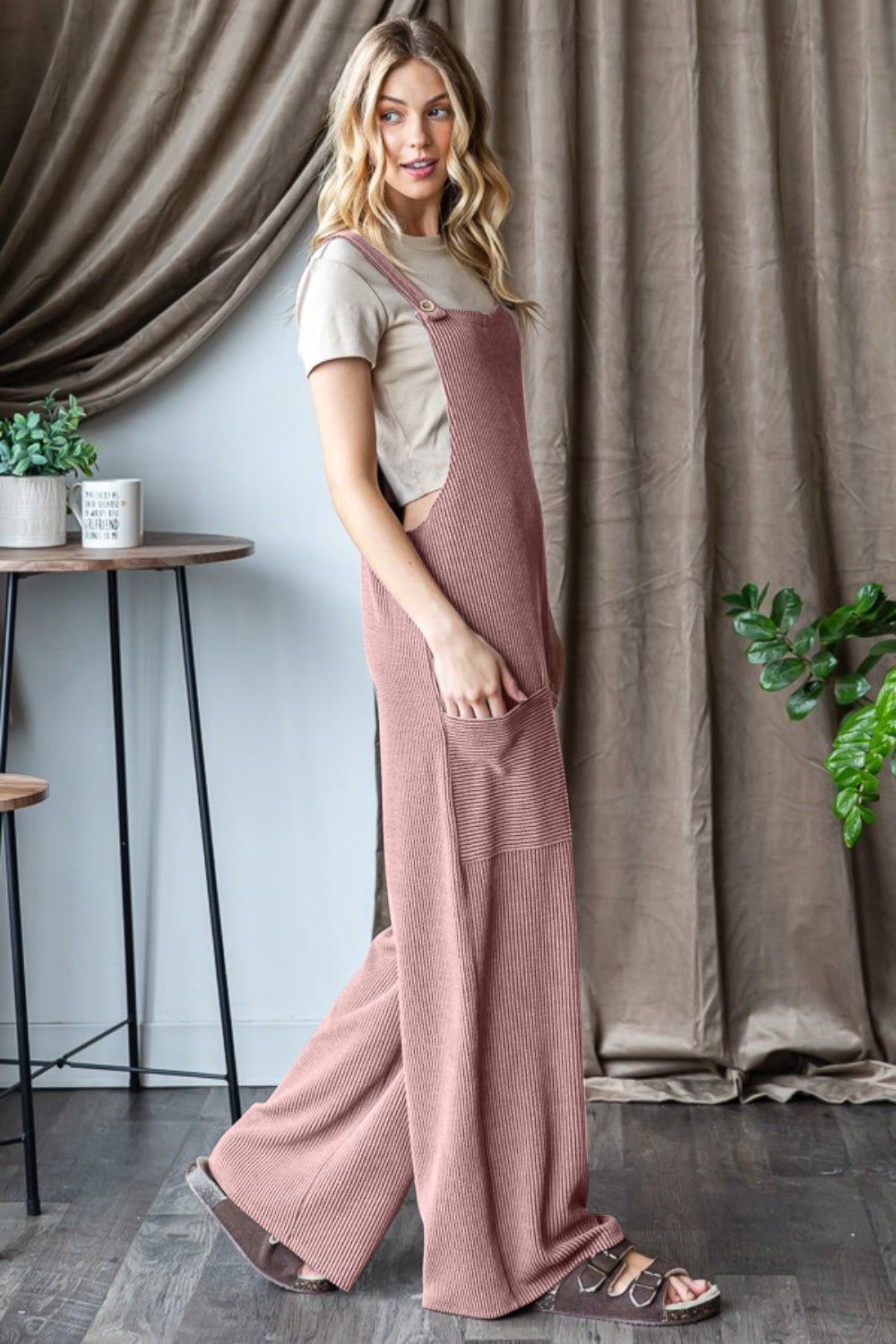 Chloe Ribbed Front Pocket Sleeveless Jumpsuit in Mauve