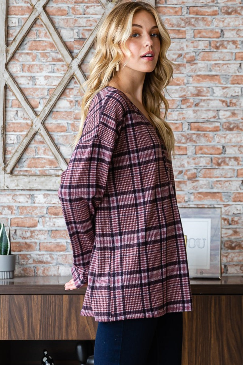 Cherise Plaid V-Neck Long Sleeve Top