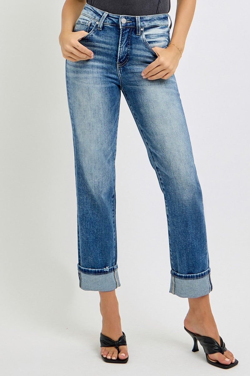 Moira High Rise Crop Straight Roll Up Jeans by RISEN