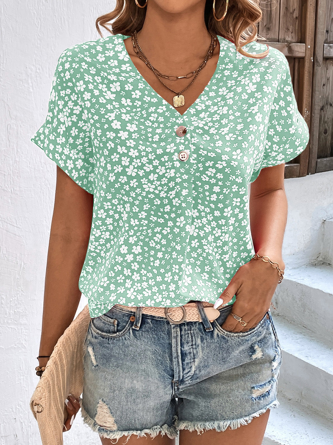 Karina Printed V-Neck Short Sleeve Blouse