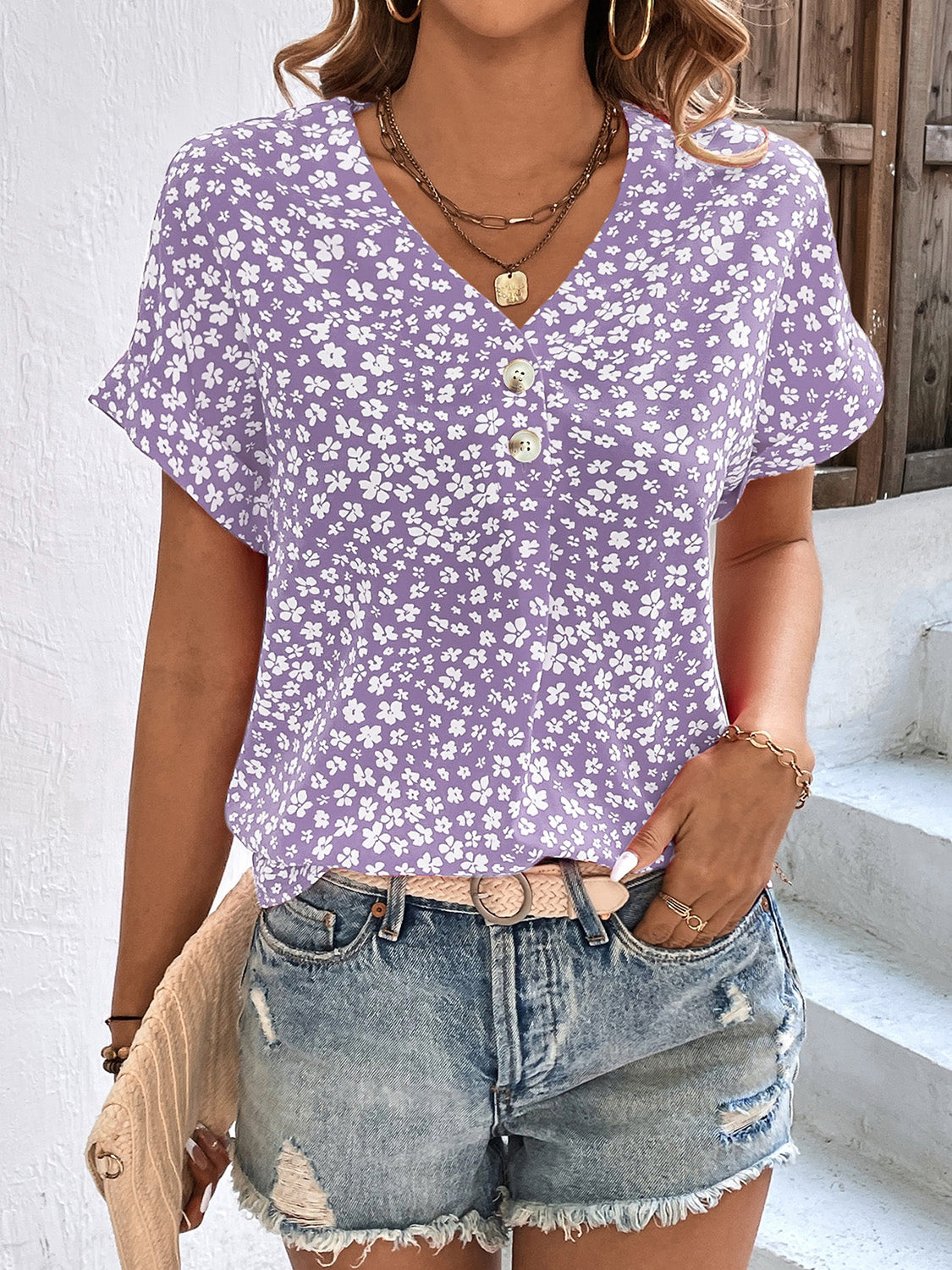 Karina Printed V-Neck Short Sleeve Blouse