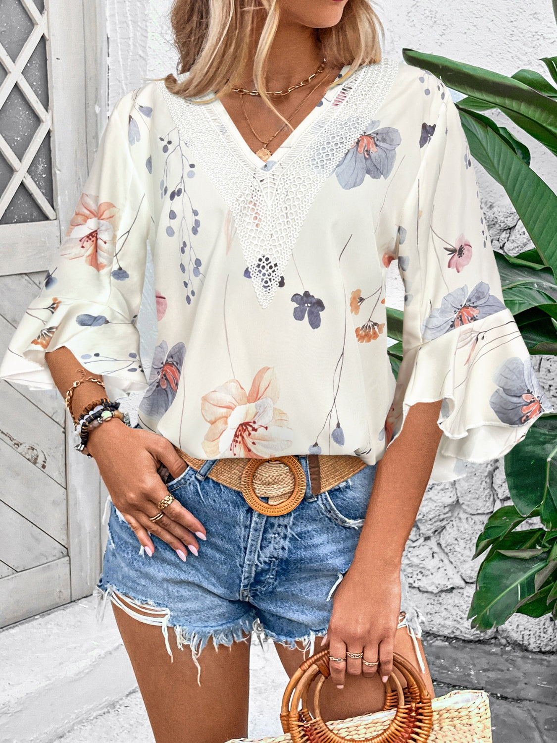 Rya Ruffled Printed V-Neck Blouse