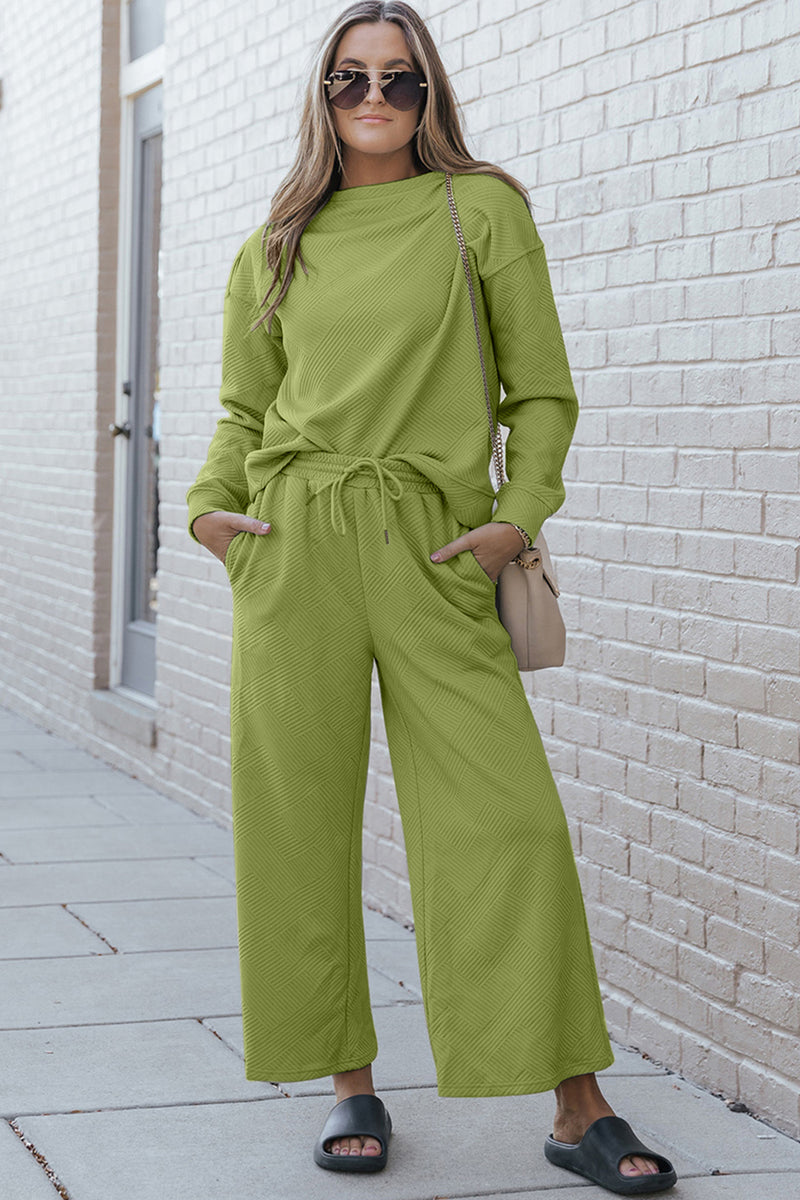 Violet Textured Long Sleeve Top and Drawstring Pants Set