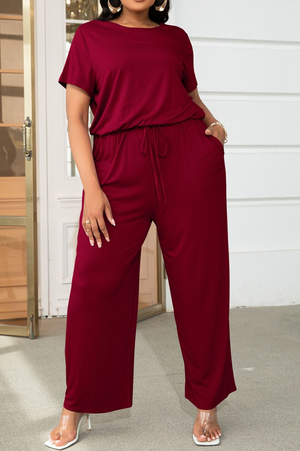 Emma Plus Size Drawstring Waist Short Sleeve Jumpsuit