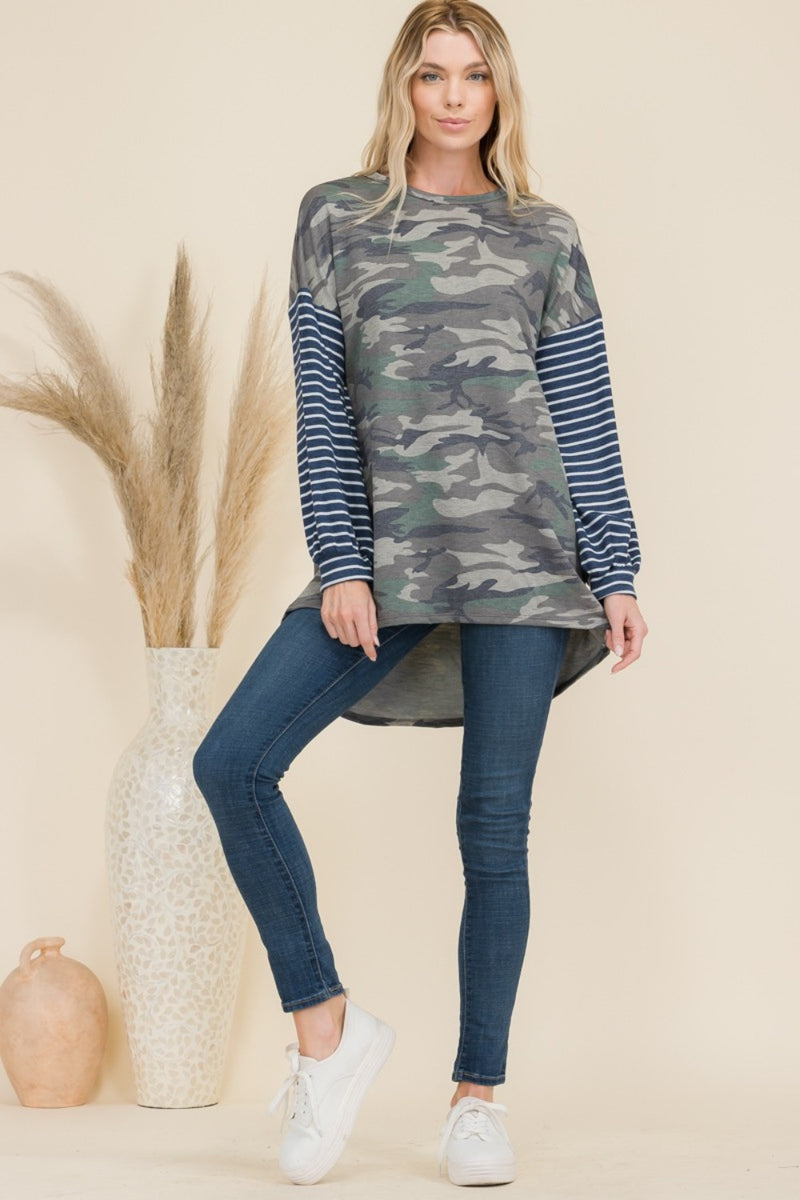 Camo Print High-Low Top with Stripe Sleeves