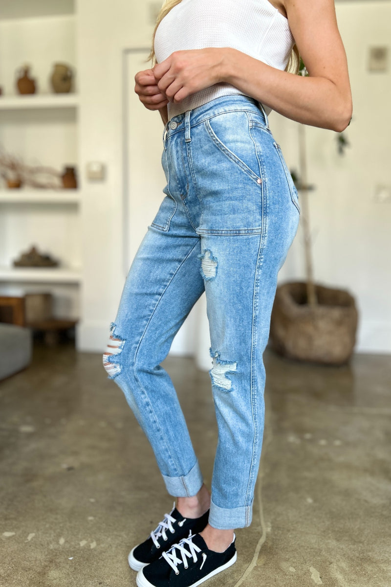 Zoey Distressed Straight Judy Blue Jeans with Patch Pockets