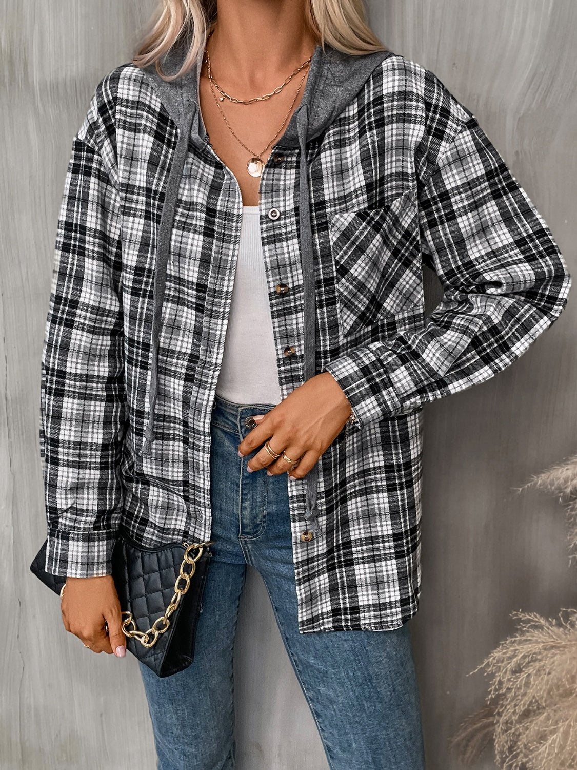 Lainey Plaid Long Sleeve Hooded Jacket