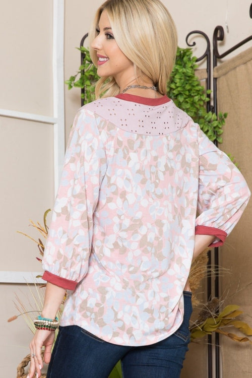 Leaf Print Contrast Trim Balloon Sleeve Top