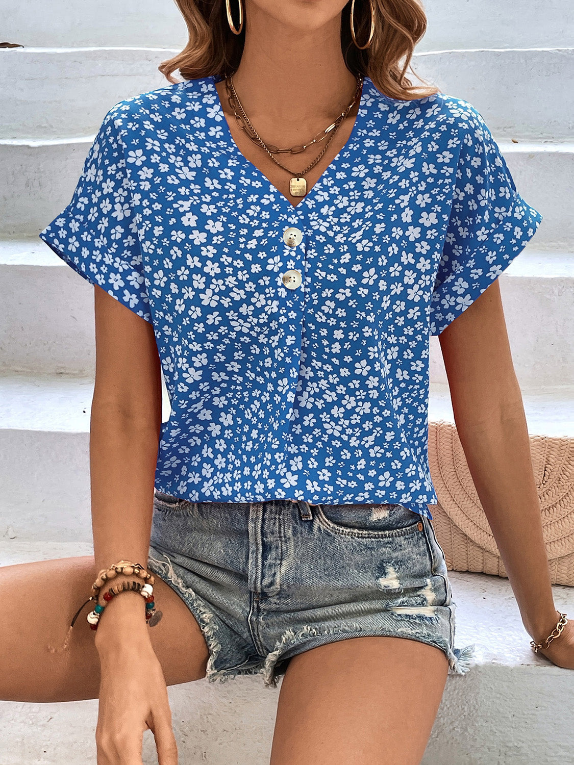 Karina Printed V-Neck Short Sleeve Blouse