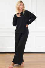 Violet Textured Long Sleeve Top and Drawstring Pants Set