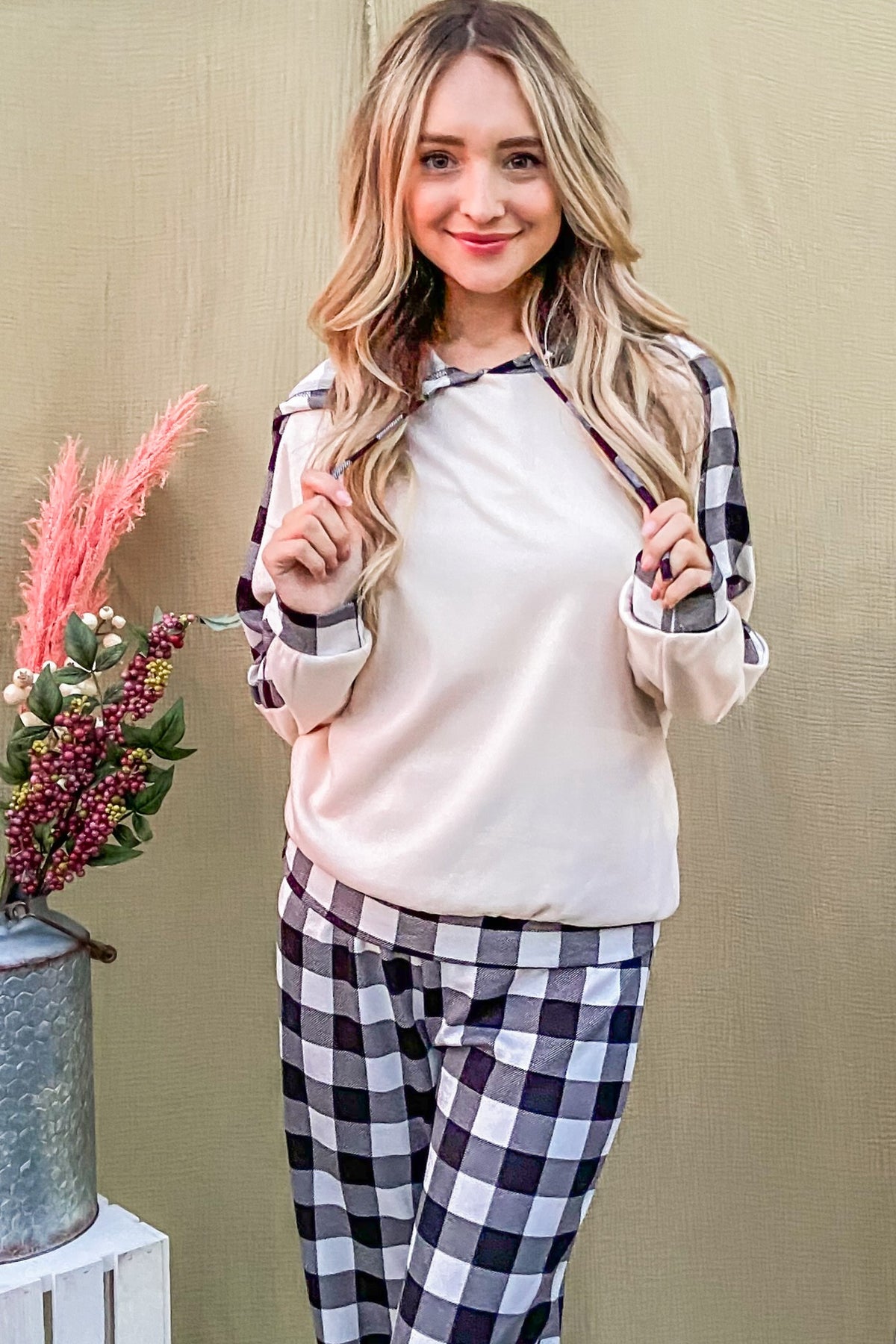 Avery Drawstring Hooded Top and Plaid Pants Lounge Set