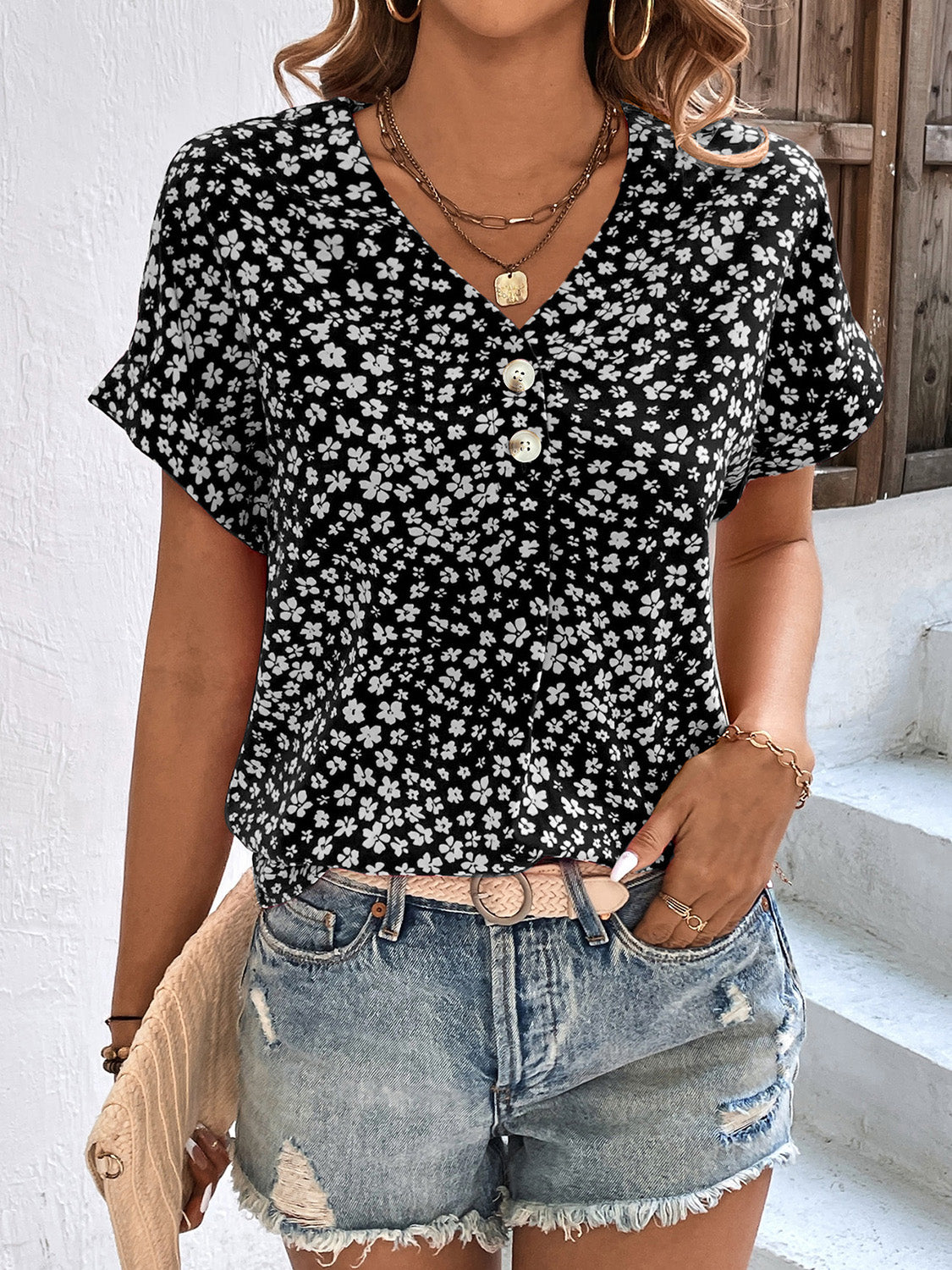 Karina Printed V-Neck Short Sleeve Blouse