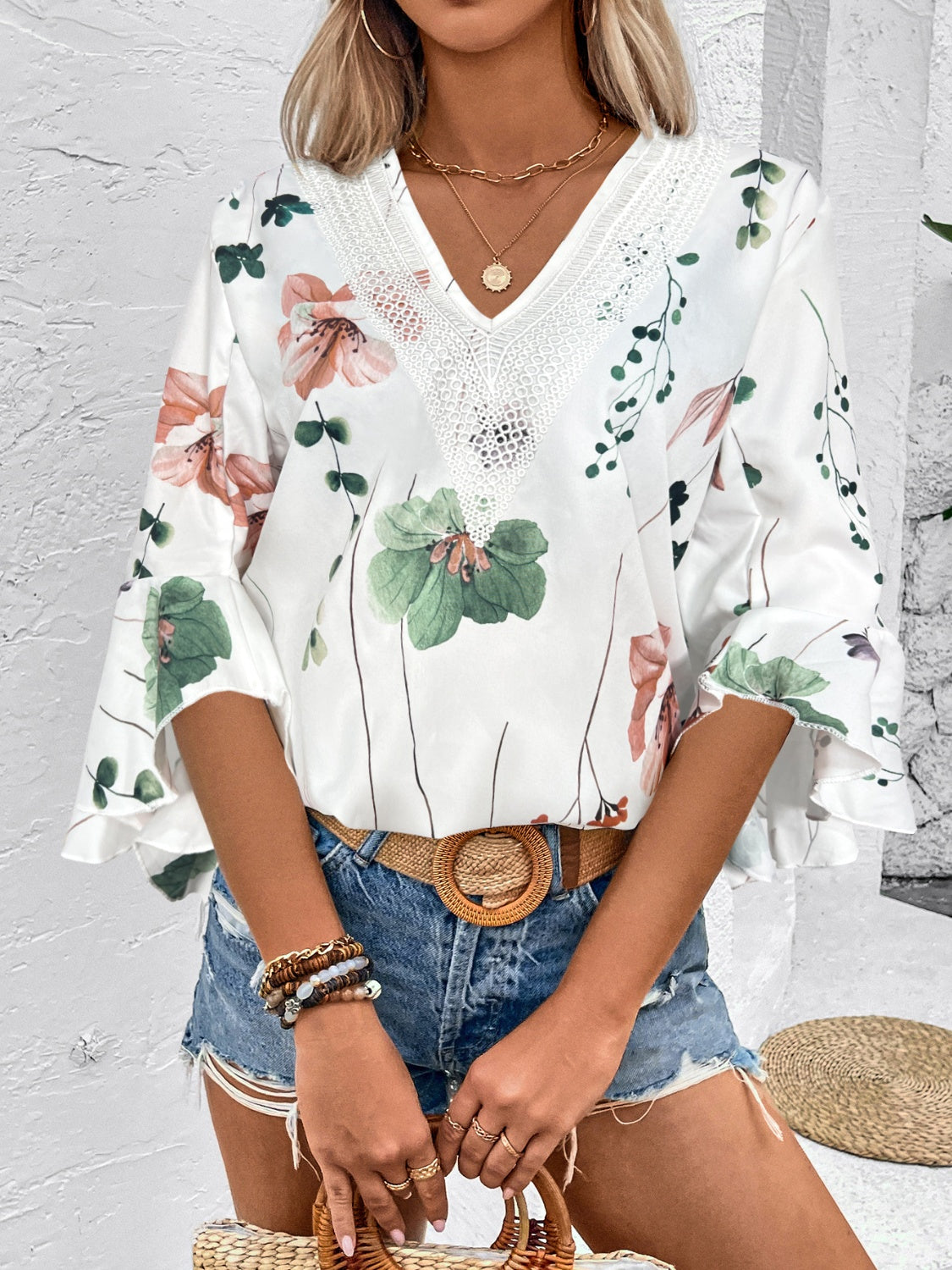 Rya Ruffled Printed V-Neck Blouse