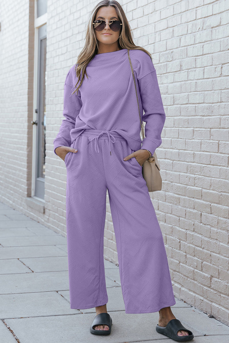 Violet Textured Long Sleeve Top and Drawstring Pants Set