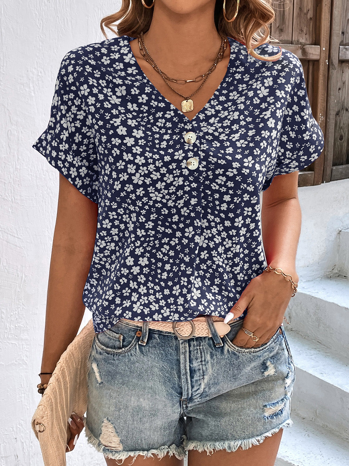 Karina Printed V-Neck Short Sleeve Blouse