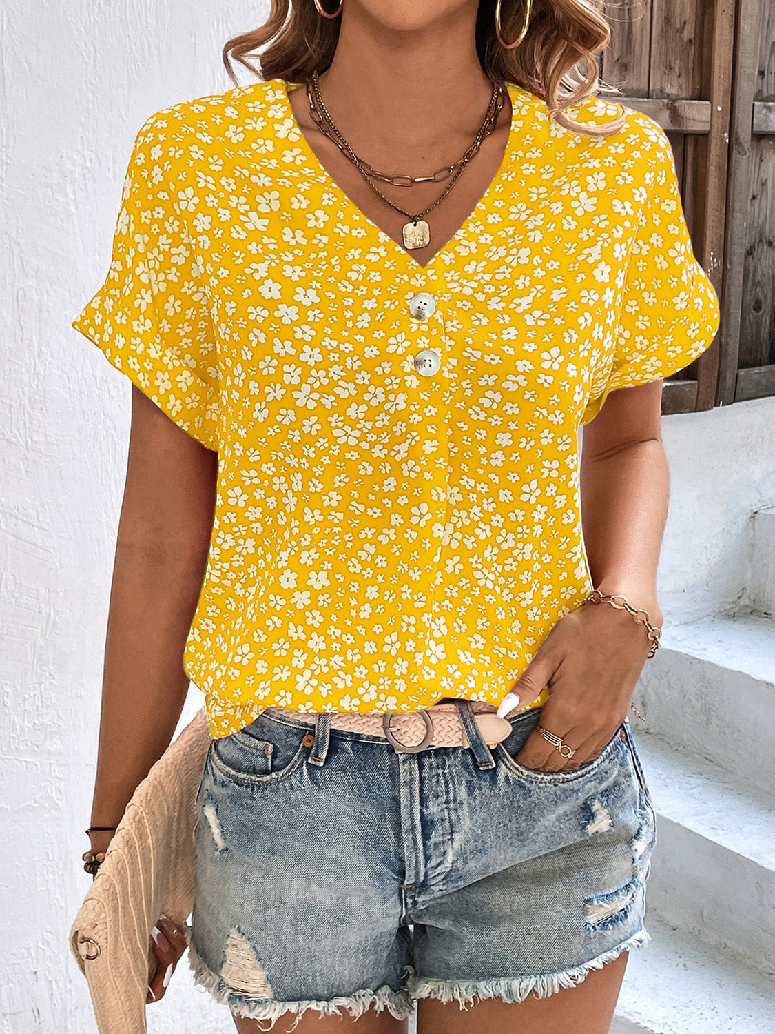 Karina Printed V-Neck Short Sleeve Blouse