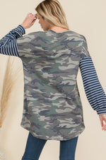 Camo Print High-Low Top with Stripe Sleeves