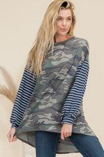 Camo Print High-Low Top with Stripe Sleeves