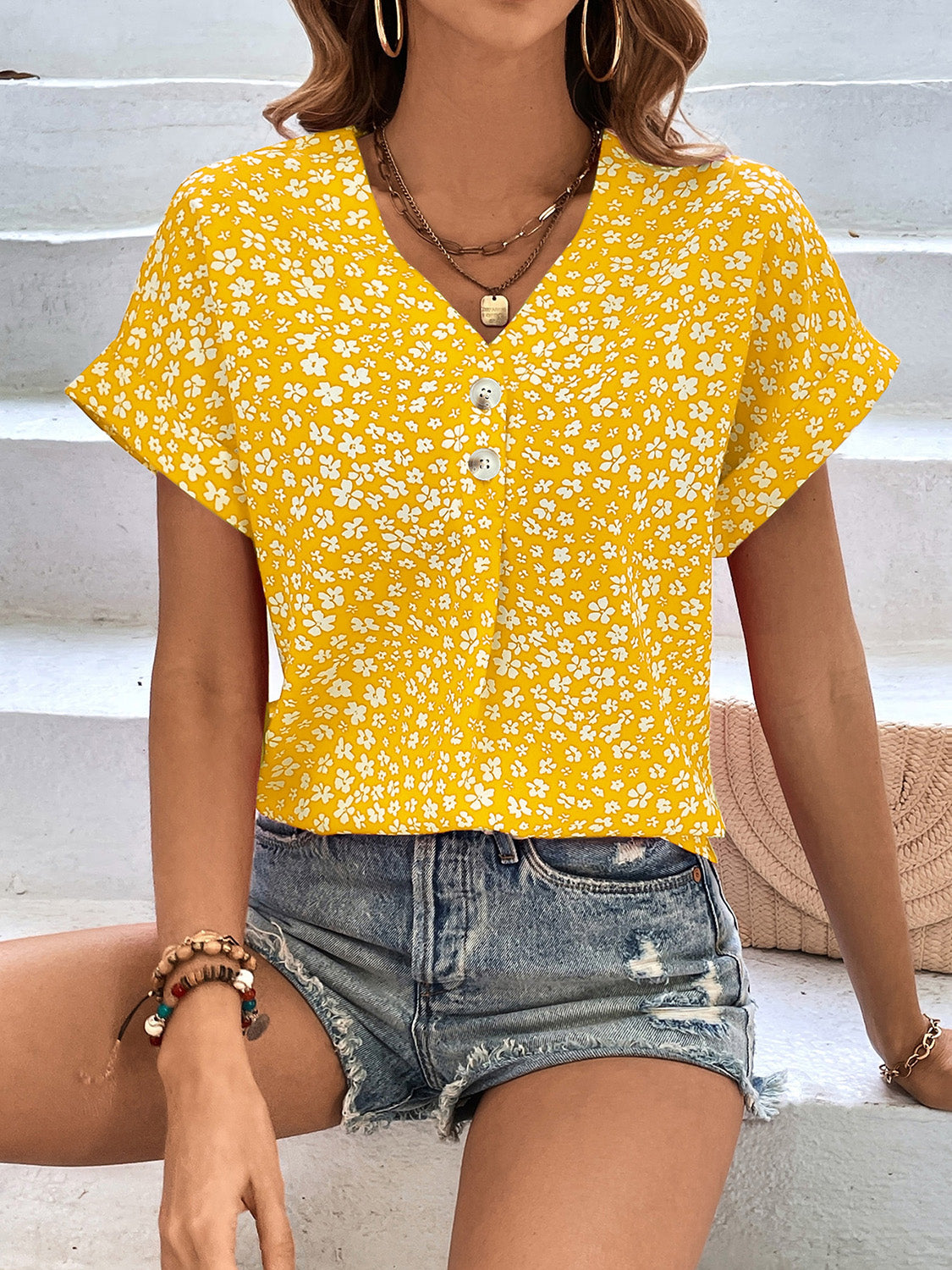 Karina Printed V-Neck Short Sleeve Blouse