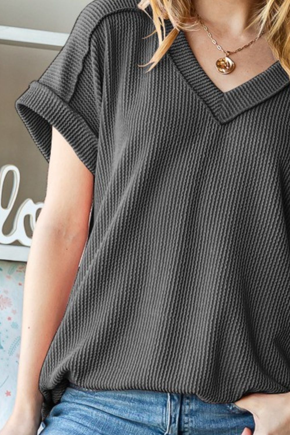 Exposed Seam Ribbed Top in Charcoal