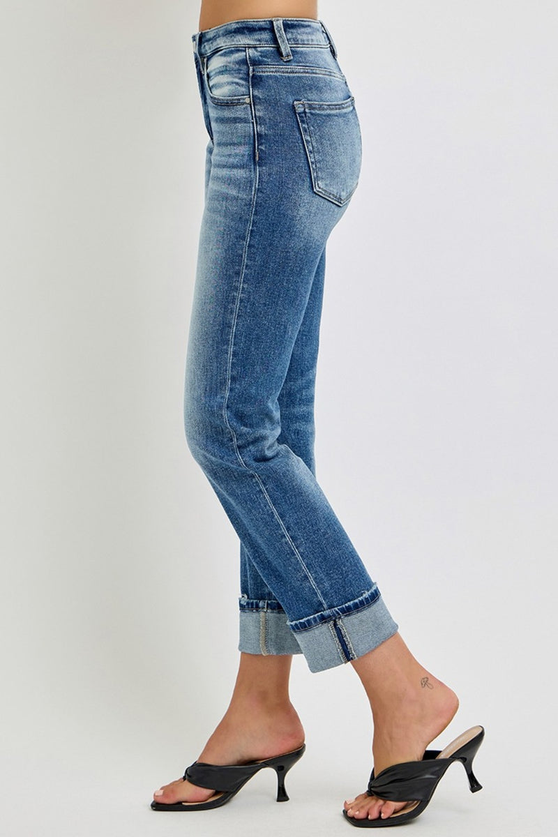 Moira High Rise Crop Straight Roll Up Jeans by RISEN