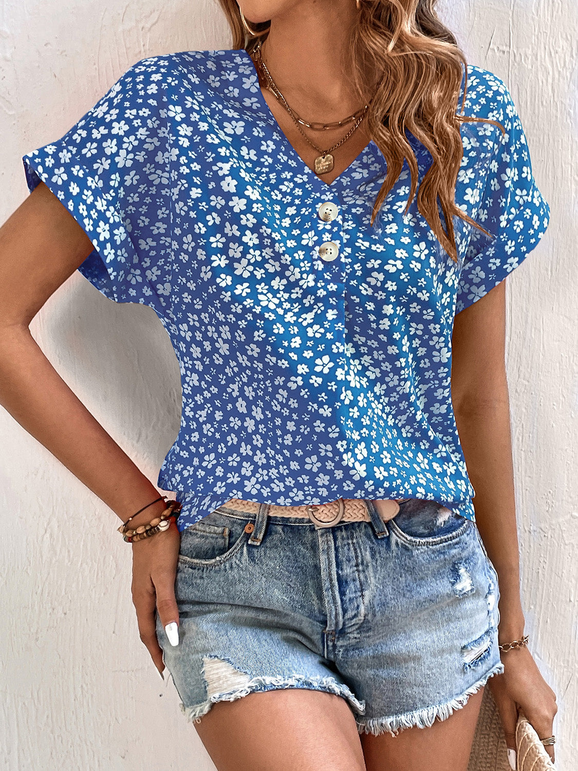 Karina Printed V-Neck Short Sleeve Blouse