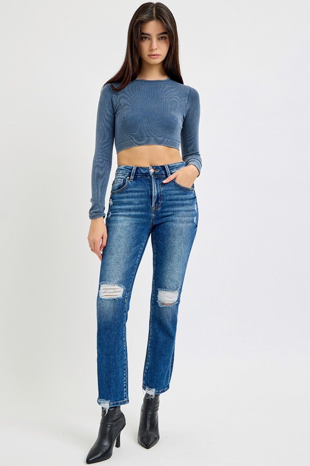 Sloane High Rise Distressed Crop Straight Jeans by RISEN