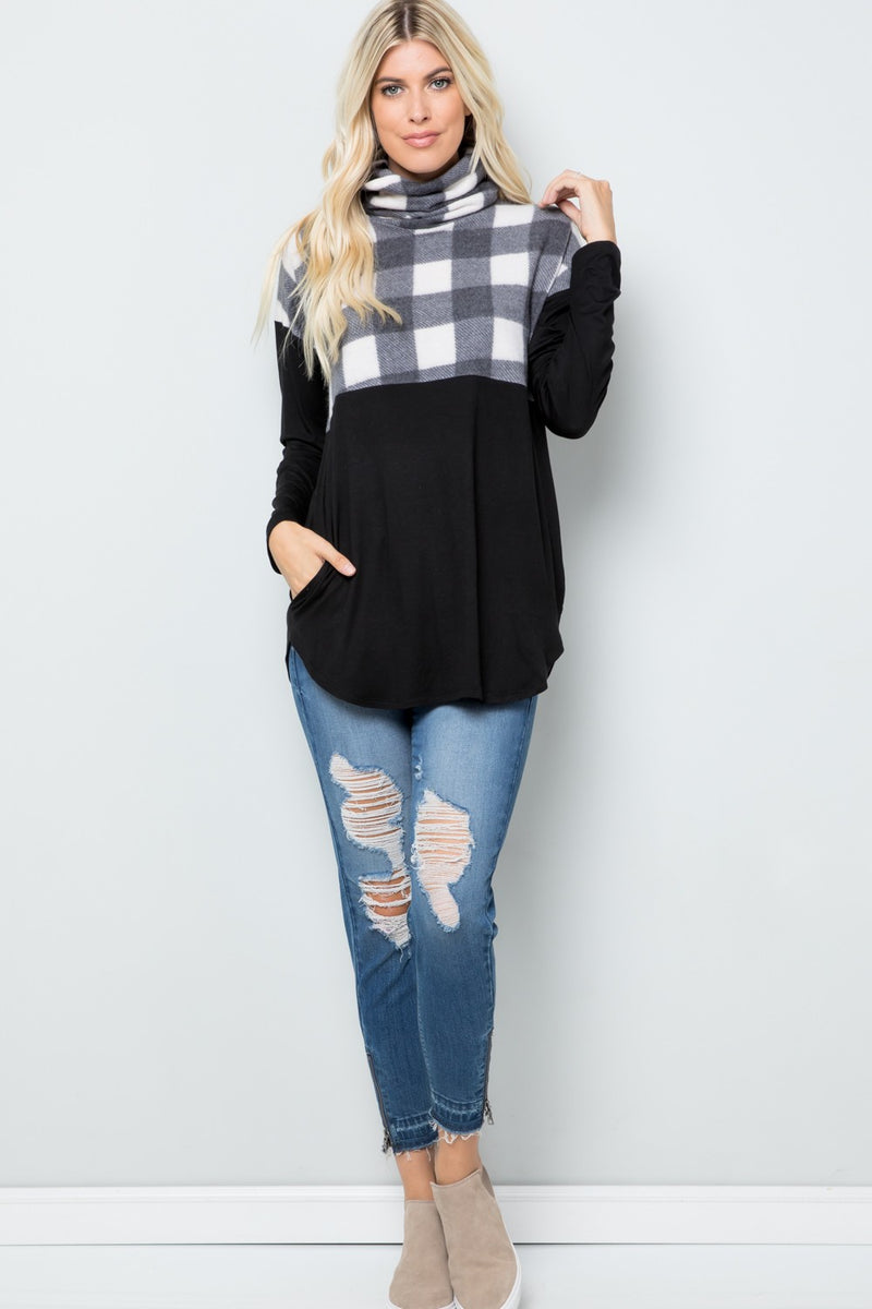 Larissa Pocketed Plaid Turtleneck Top