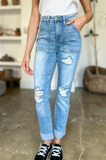 Zoey Distressed Straight Judy Blue Jeans with Patch Pockets