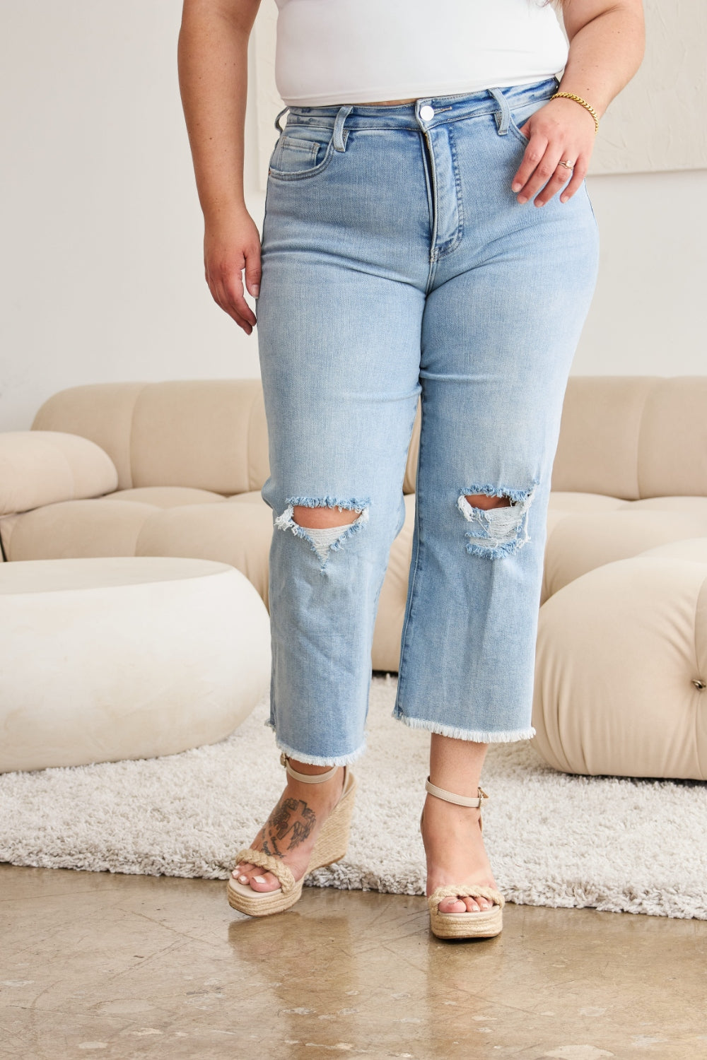 Taylor Tummy Control High Waist Raw Hem Distressed Risen Jeans