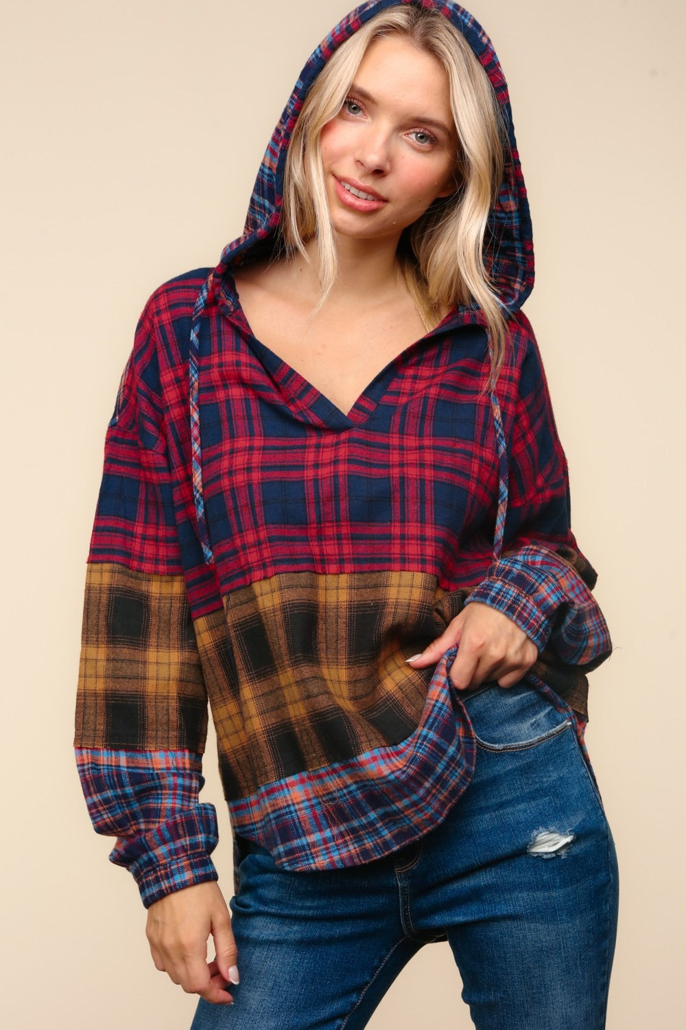 Serena Plaid Edge Cut Detail Hooded Top