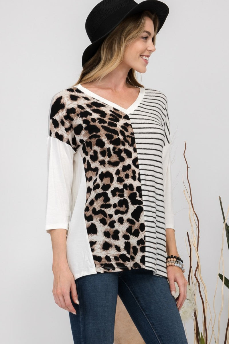 Leopard and Striped Print V-Neck T-Shirt