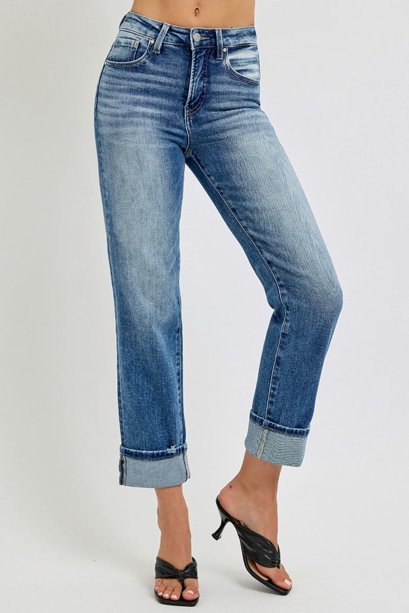 Moira High Rise Crop Straight Roll Up Jeans by RISEN