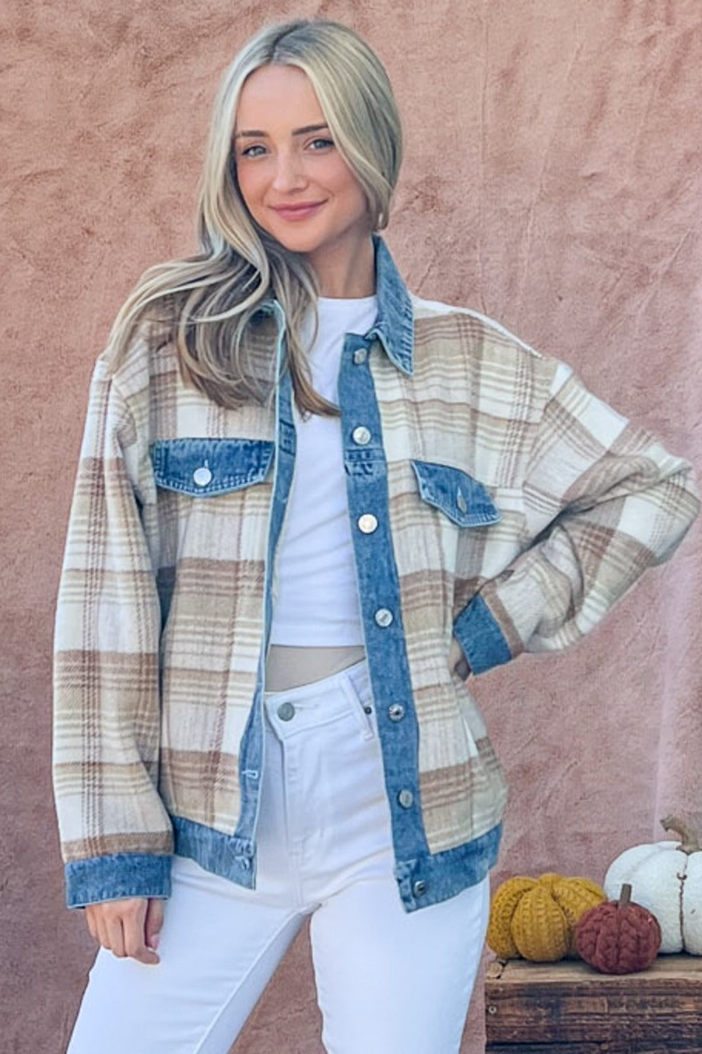 Maggie Washed Denim Detail Brushed Plaid Jacket