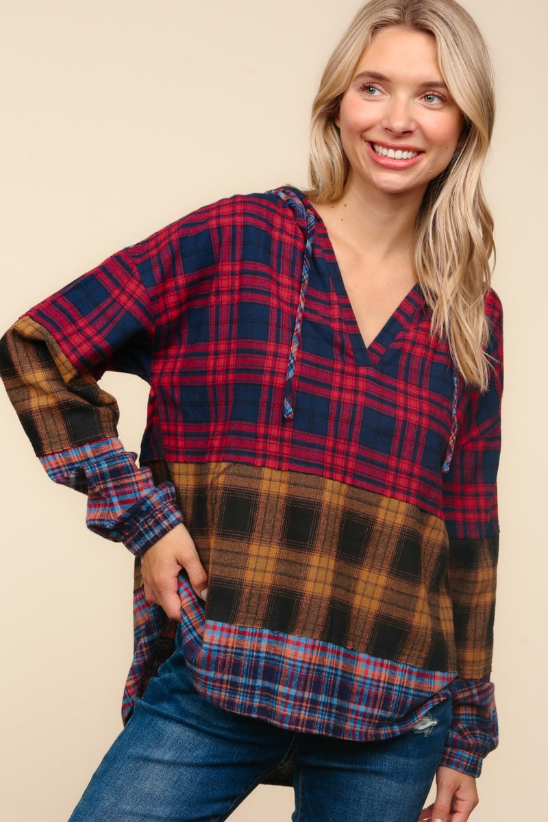 Serena Plaid Edge Cut Detail Hooded Top