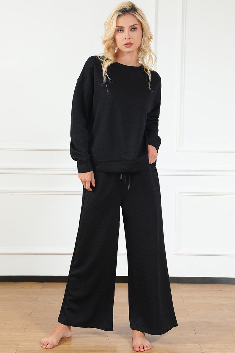 Violet Textured Long Sleeve Top and Drawstring Pants Set
