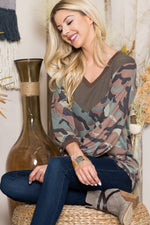 Camouflage V-Neck Balloon Sleeve Top